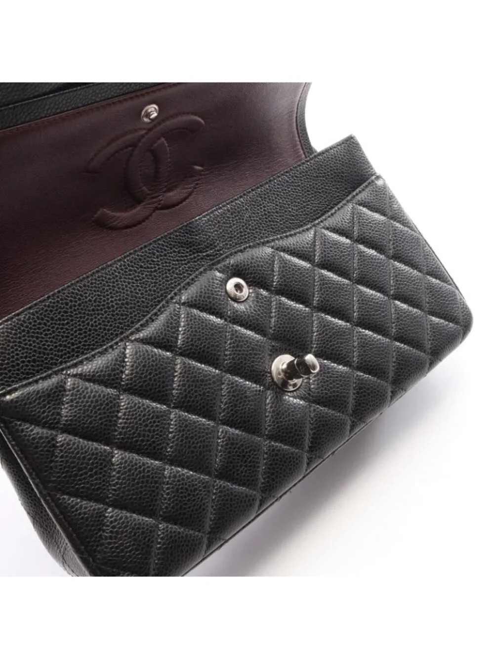 Chanel Shoulder Bag Quilted Double Flap Black Caviar Leather Chain